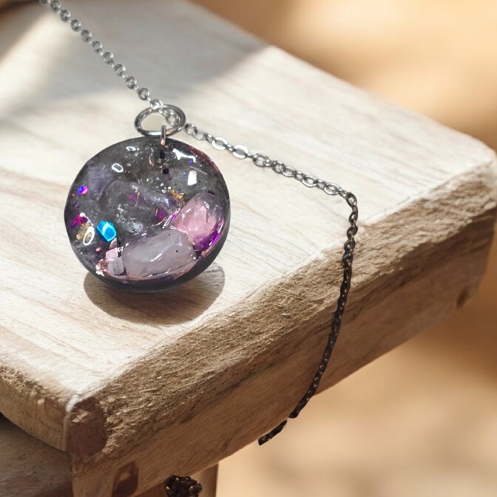 Amethyst Rose Quartz artisan Purple and Silver Resin Pendant Necklace